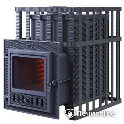 Дровяная банная печь Гефест ЗК в сетке-18 (М) чугунная дверца со стеклом, запатентованная каменка сетка в Оренбурге
